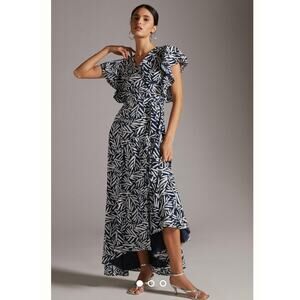 Hutch Anthropologie Navy Blue Floral Wrap Maxi Dress Ruffle Satin Plus Size 0X